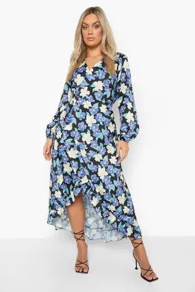 Plus Floral Satin Ruffle Wrap Maxi Dress