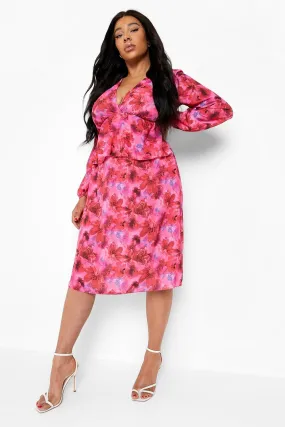 Plus Floral Wrap Ruffle Skater Dress