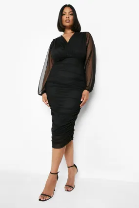 Plus Mesh Wrap Ruched Midi Dress