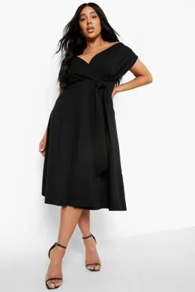 Plus Off The Shoulder Wrap Front Belted Skater Dress