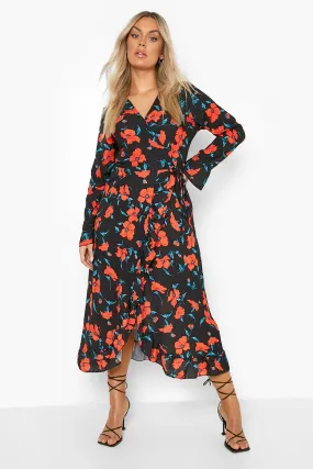 Plus Poppy Print Wrap Ruffle Midaxi Dress