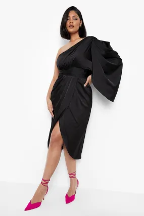 Plus Satin One Shoulder Drape Wrap Dress