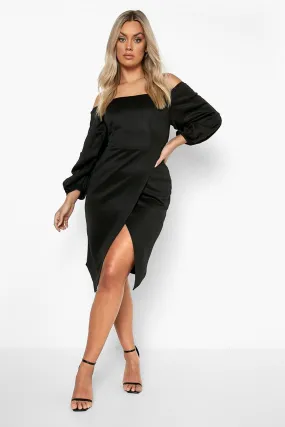 Plus Scuba Off The Shoulder Long Sleeve Wrap Midi Dress