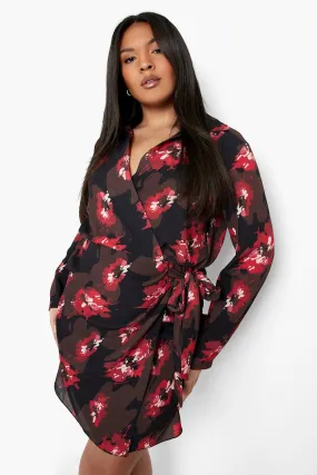 Plus Smudge Rose Wrap Shirt Dress