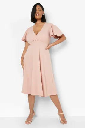 Plus Wrap Angel Sleeve Midi Skater Dress