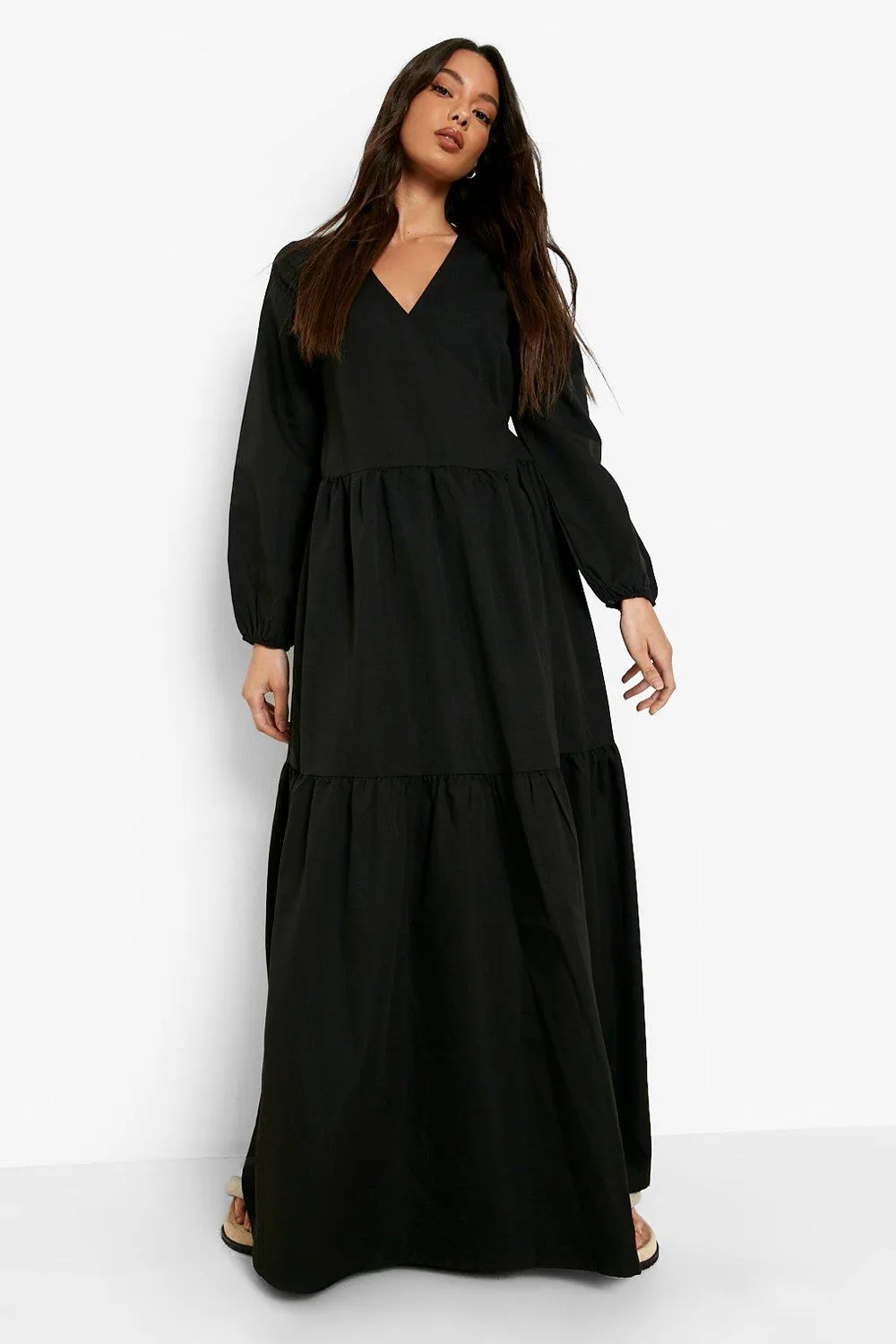 Poplin Wrap Front Tiered Hem Maxi Dress