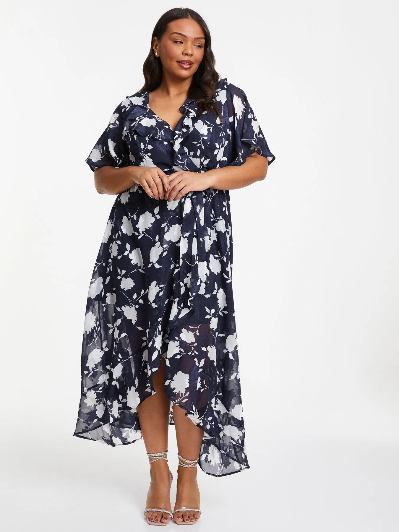 Quiz Curve Navy Floral Frill Wrap Midi Dress