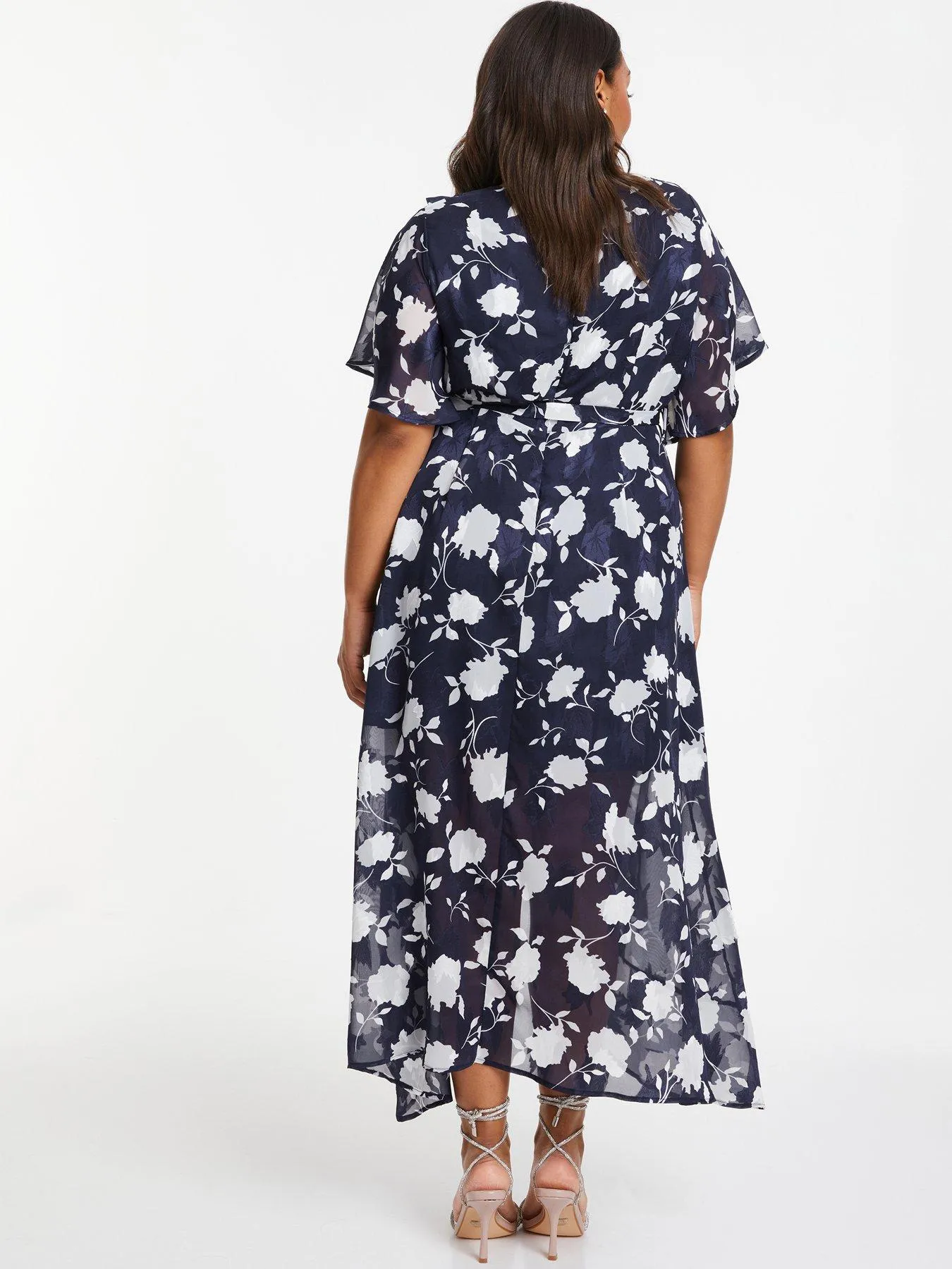 Quiz Curve Navy Floral Frill Wrap Midi Dress