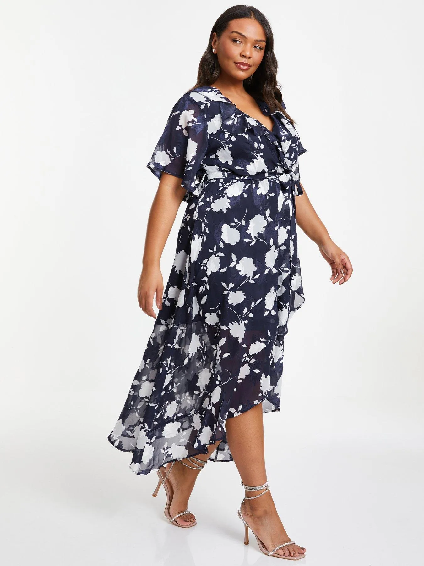 Quiz Curve Navy Floral Frill Wrap Midi Dress