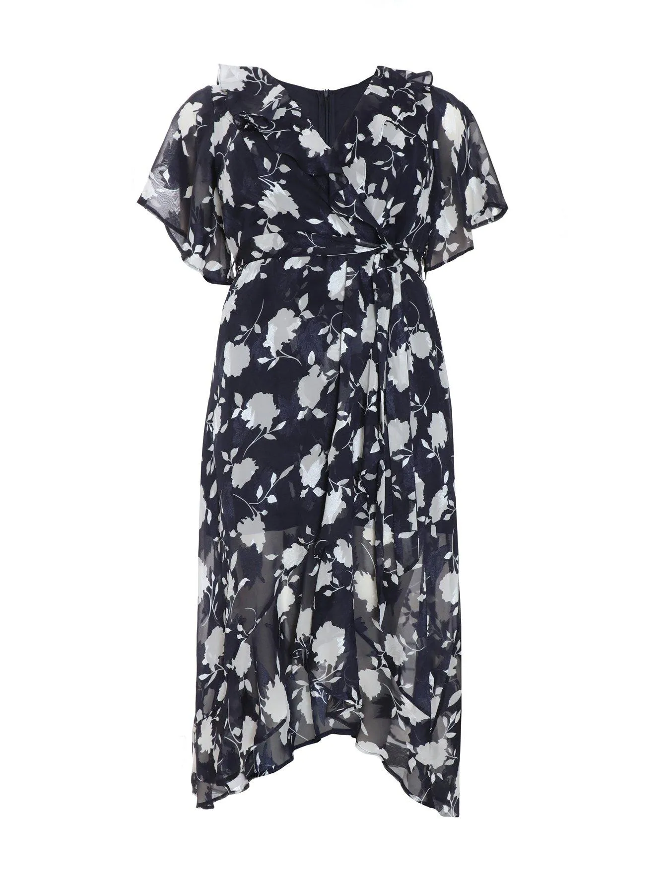 Quiz Curve Navy Floral Frill Wrap Midi Dress