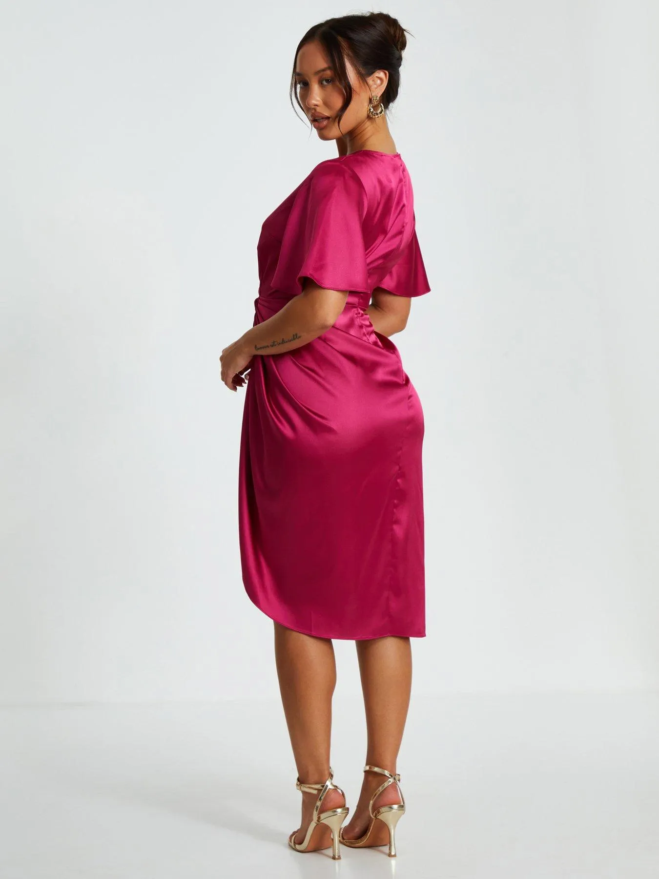 Quiz Petite Red Satin Ruched Wrap Midi Dress