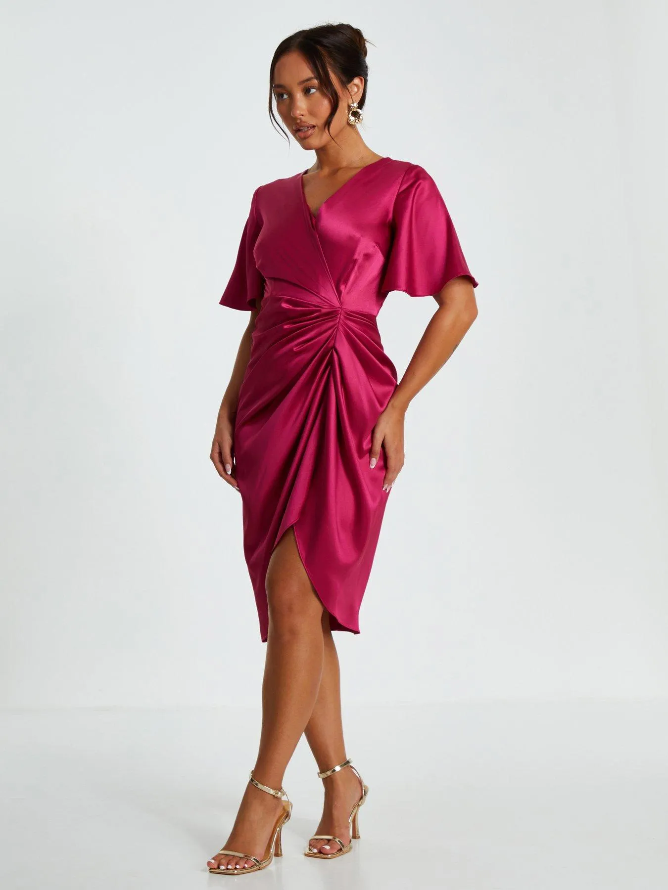 Quiz Petite Red Satin Ruched Wrap Midi Dress