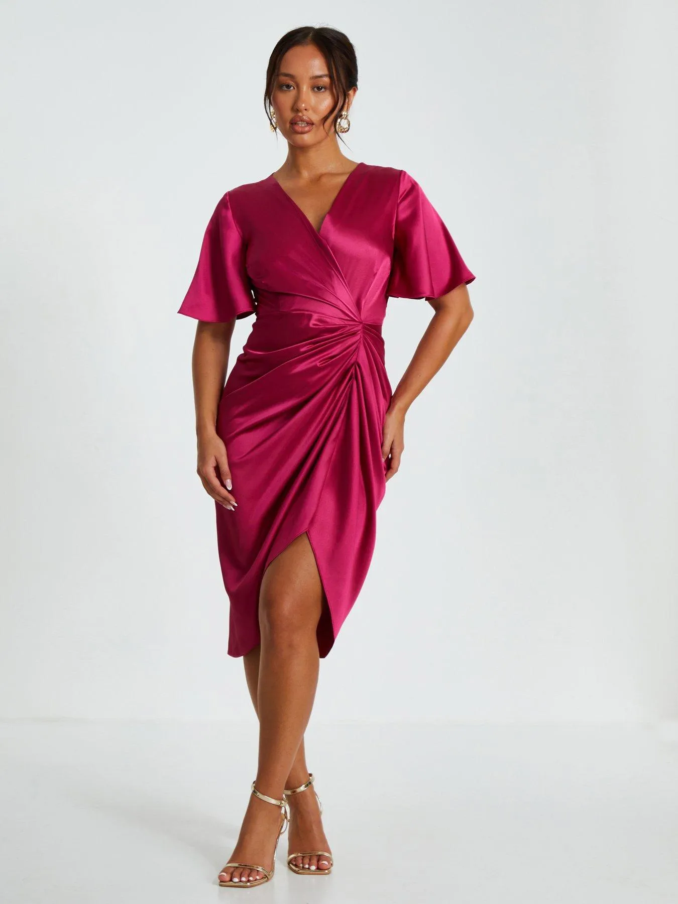 Quiz Petite Red Satin Ruched Wrap Midi Dress