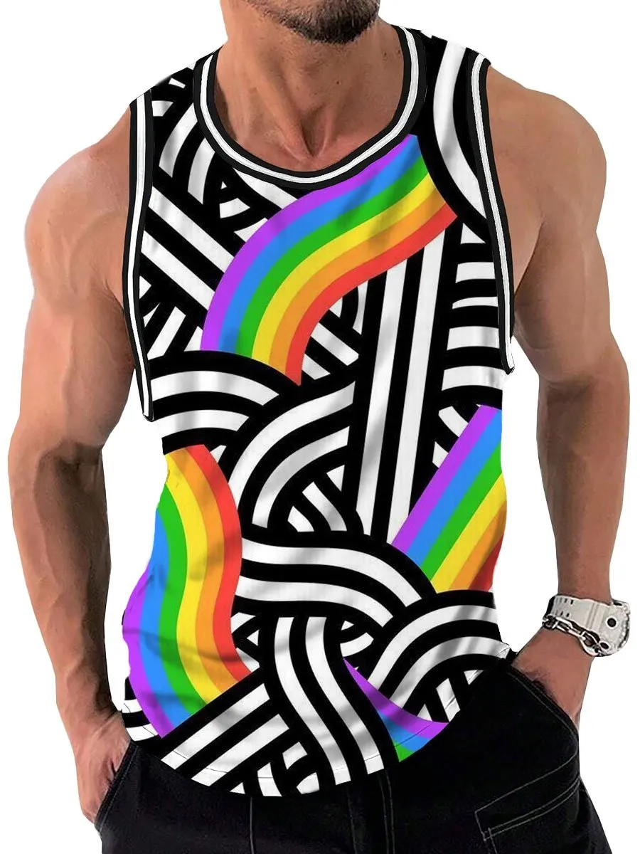 Rainbow Line Print Casual Round Neck Sleeveless Tank Top