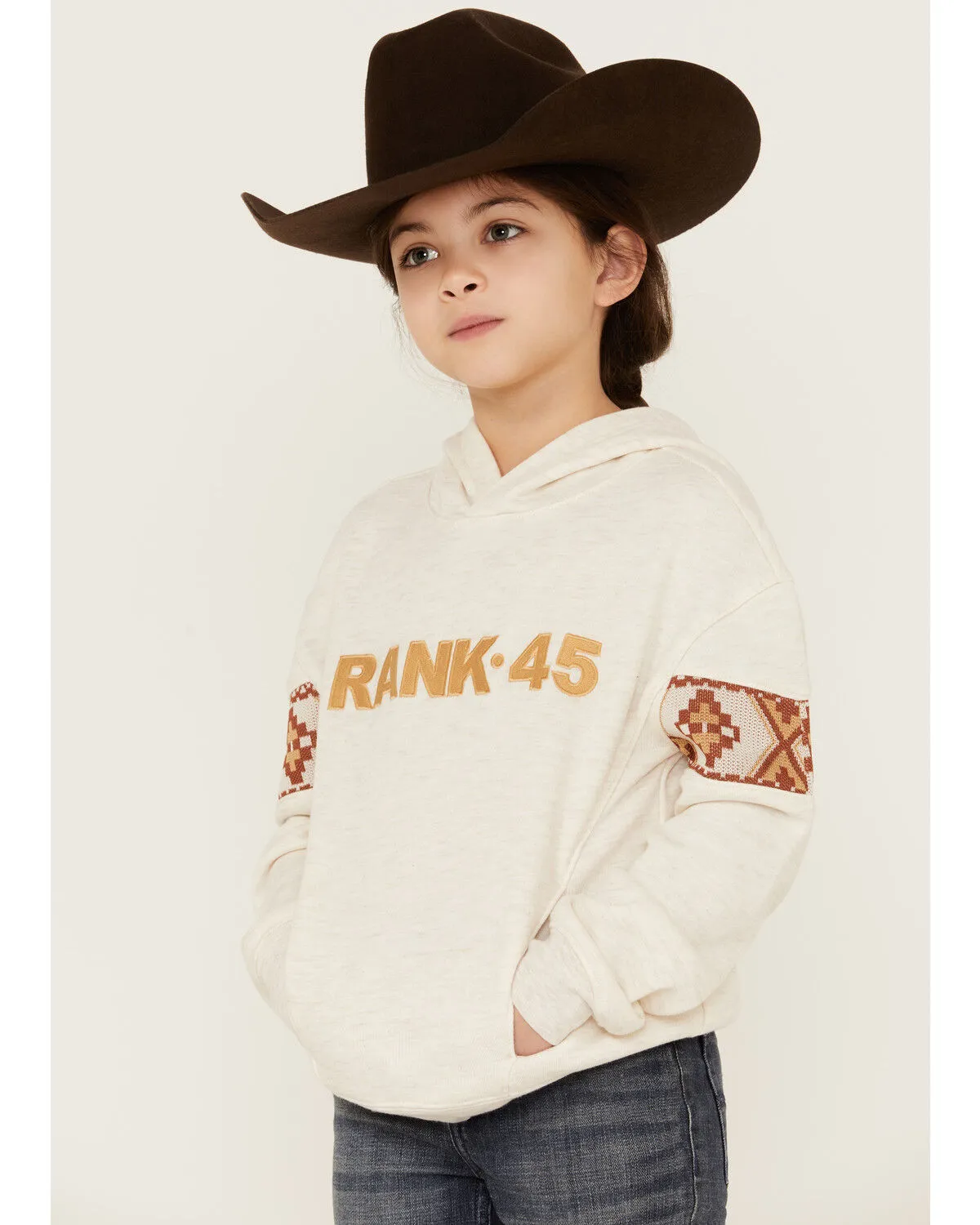 RANK 45® Girls' Embroidered Southwestern Long Sleeve Logo Pullover Hooded Sweatshirt