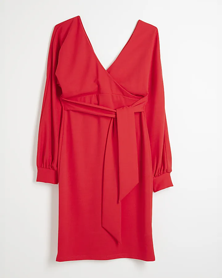 Red Wrap Belted Midi Dress