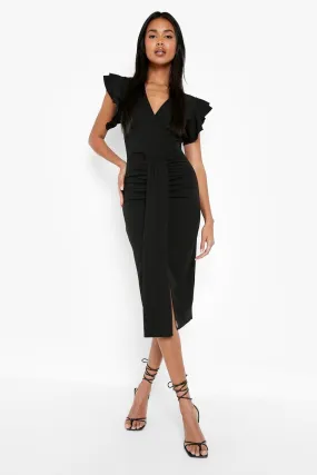 Scuba Ruffle Wrap Draped Midi Dress