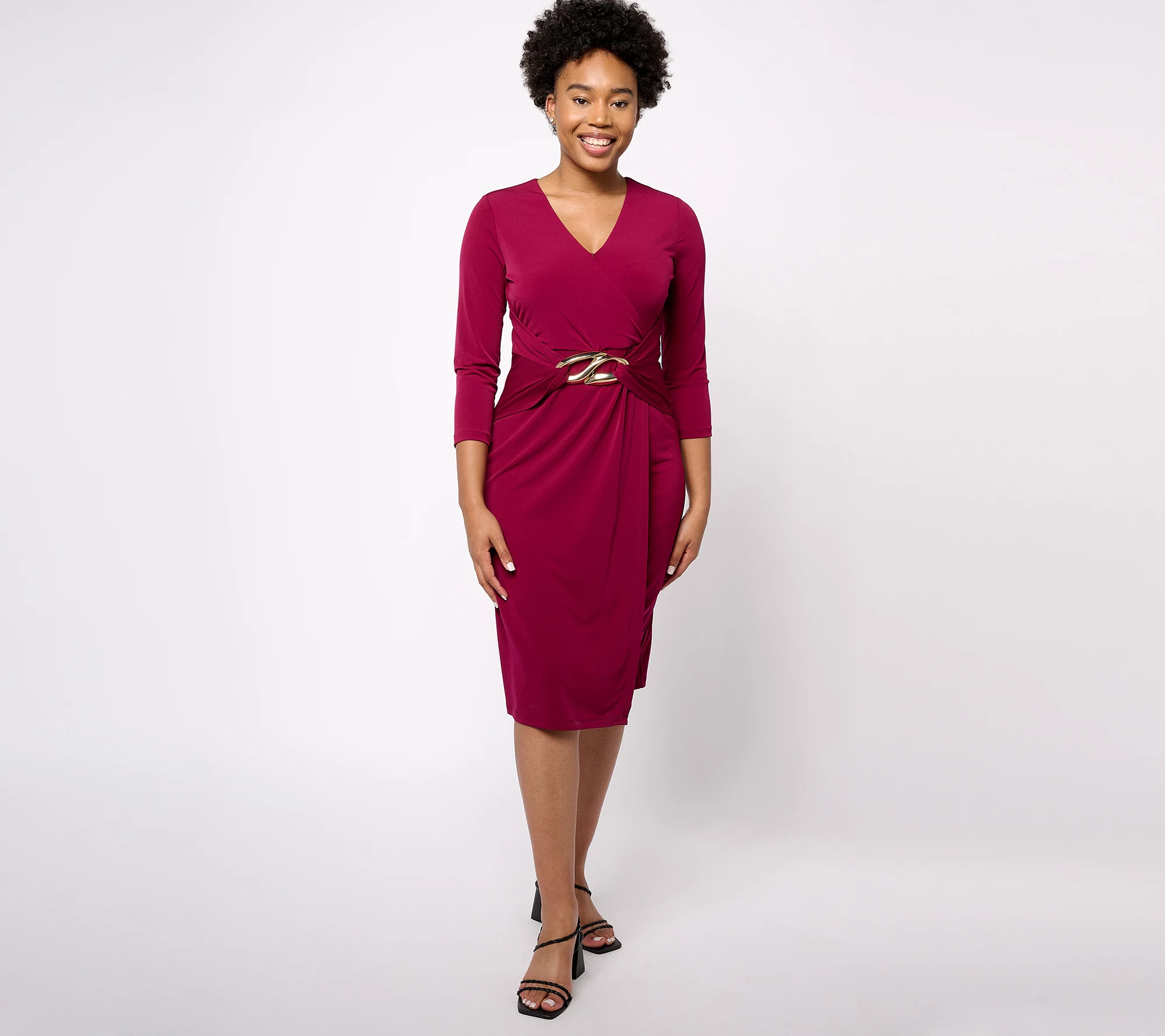 Susan Graver Occasions Regular Liquid Knit Faux Wrap Midi Dress