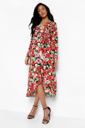 Tall Floral Wrap Tie Frill Midi Dress