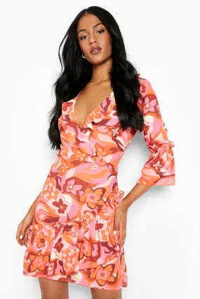 Tall Marble Print Frill Detail Wrap Dress