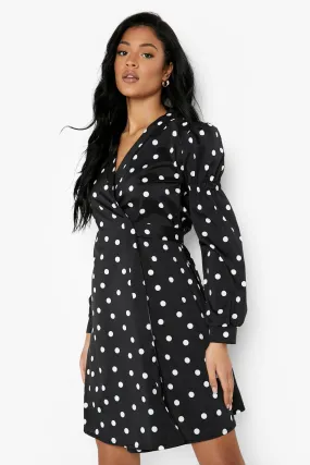 Tall Polka Dot Puff Sleeve Wrap Mini Dress