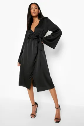 Tall Wrap Bell Sleeve Satin Dress