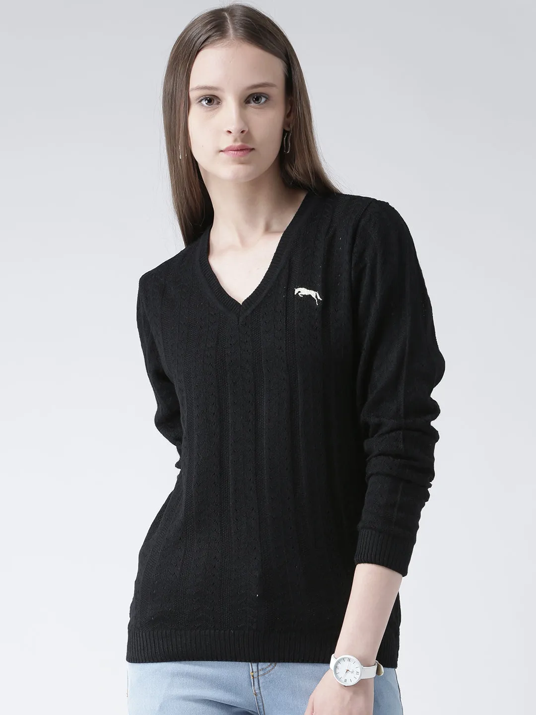 Women Black Self Design Pullover