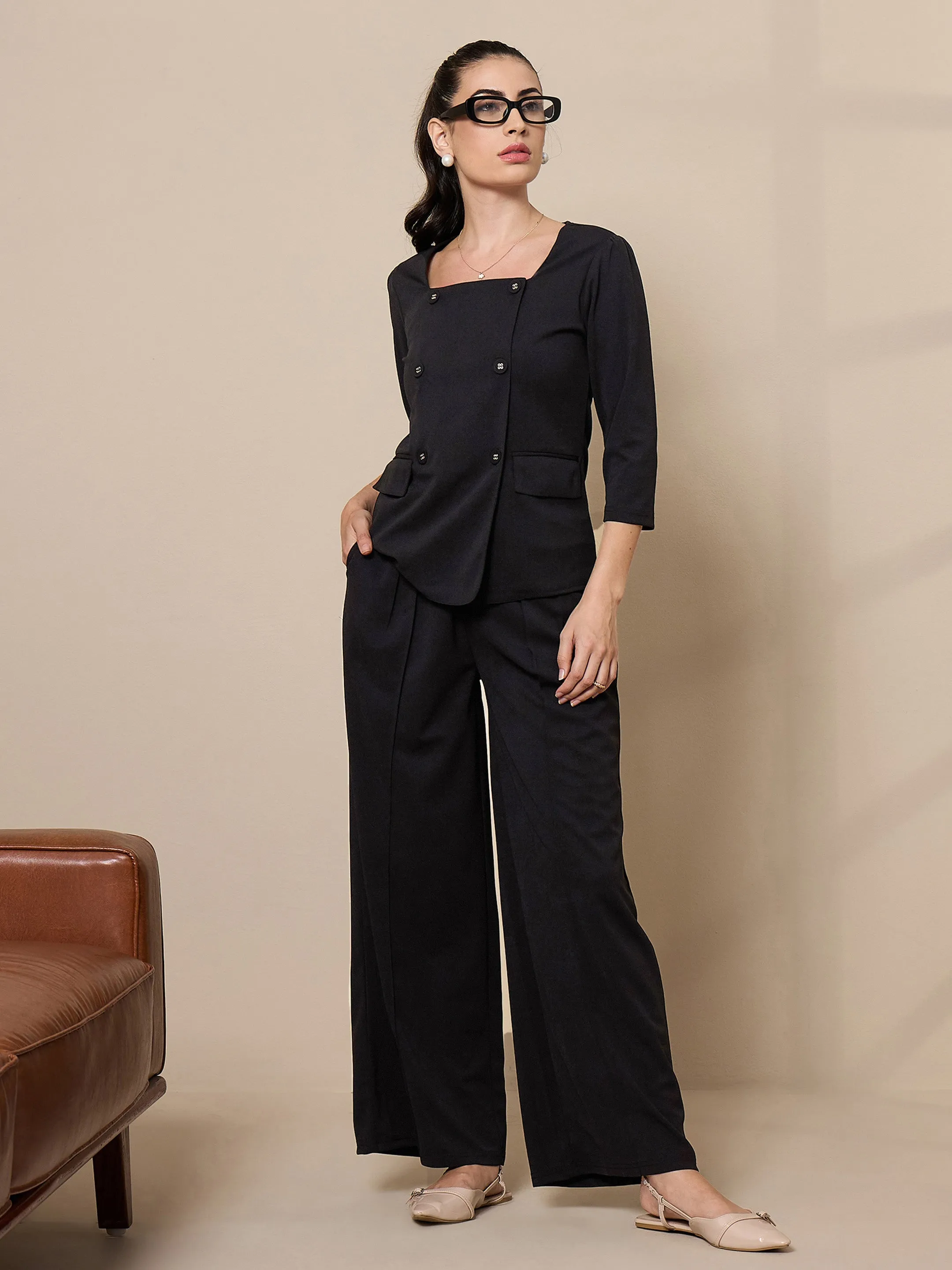 Women Black Square Neck Top With Wide Leg Pants