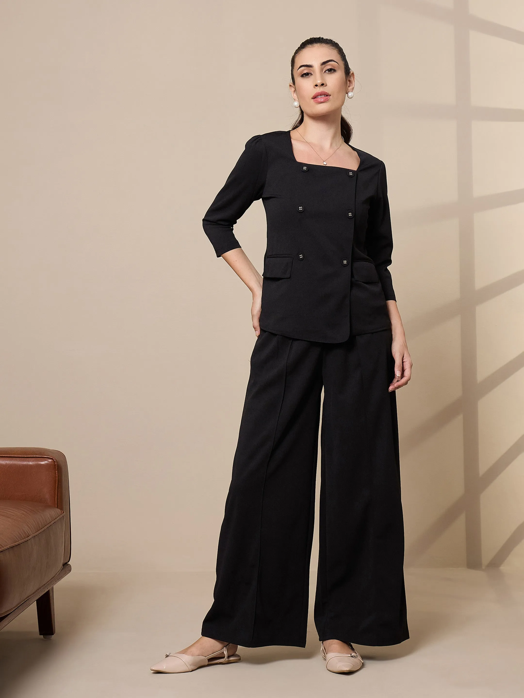 Women Black Square Neck Top With Wide Leg Pants