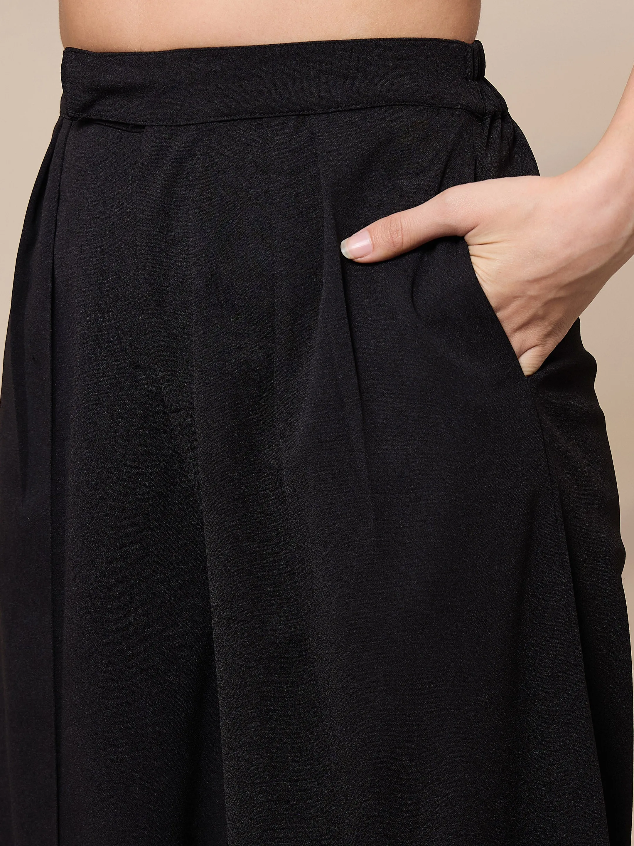 Women Black Square Neck Top With Wide Leg Pants