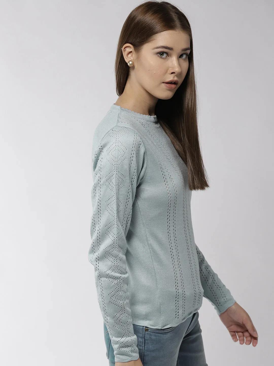 Women Solid Blue Pullover