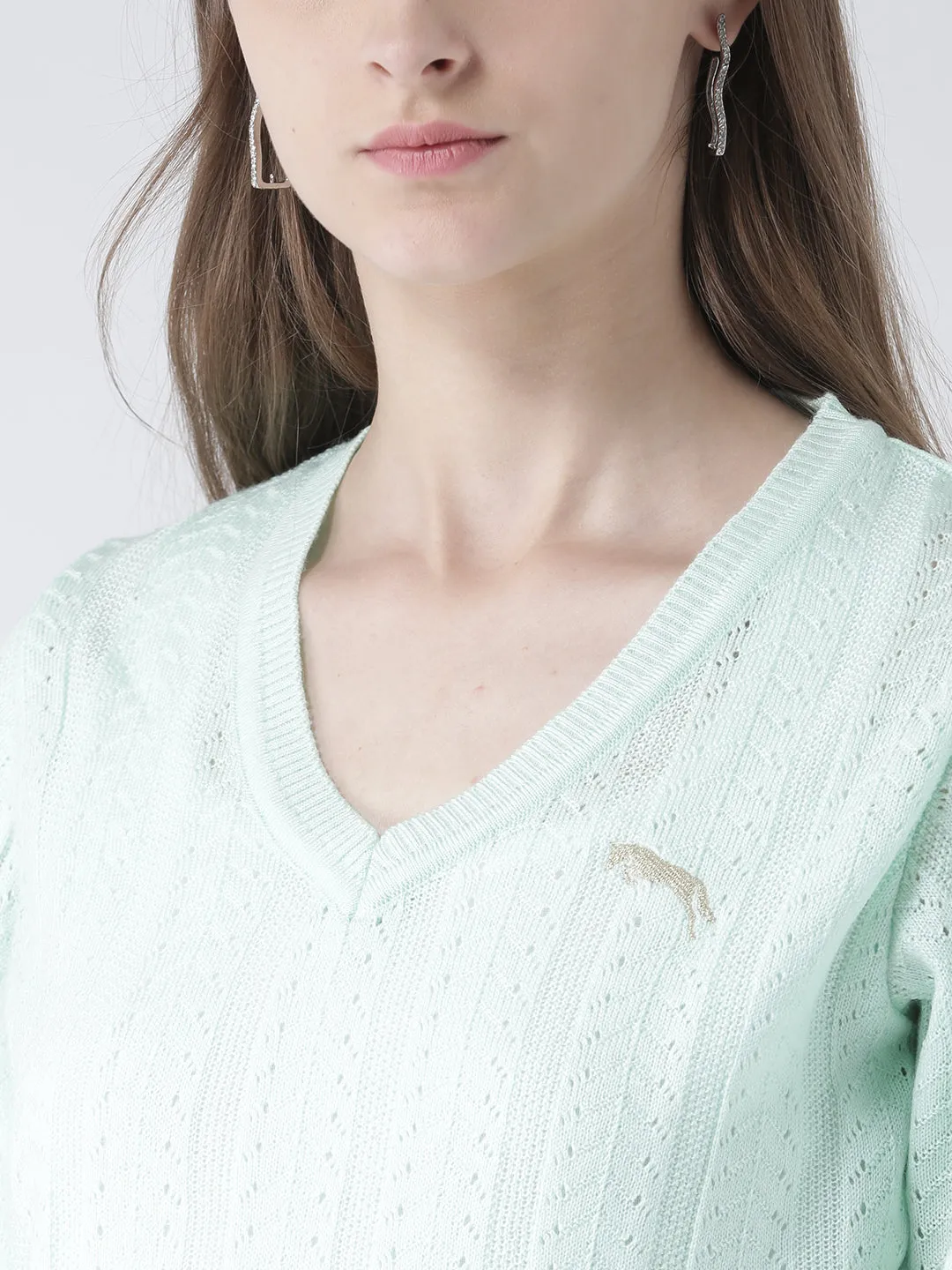 Women Teal Self Design Pullover