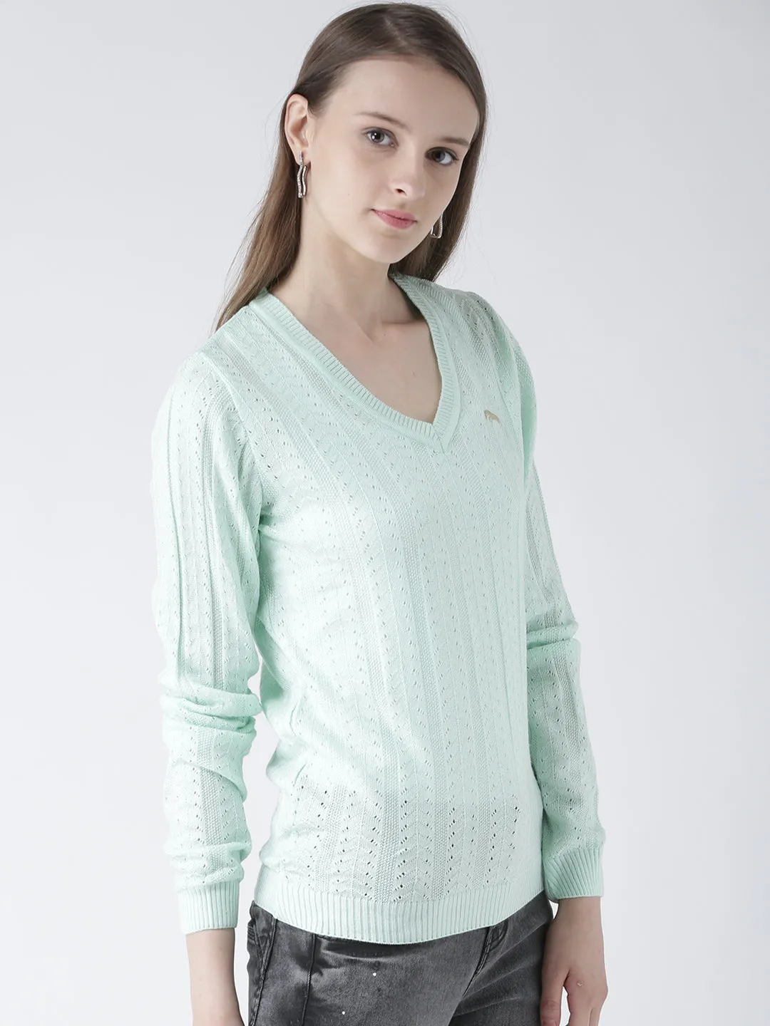 Women Teal Self Design Pullover