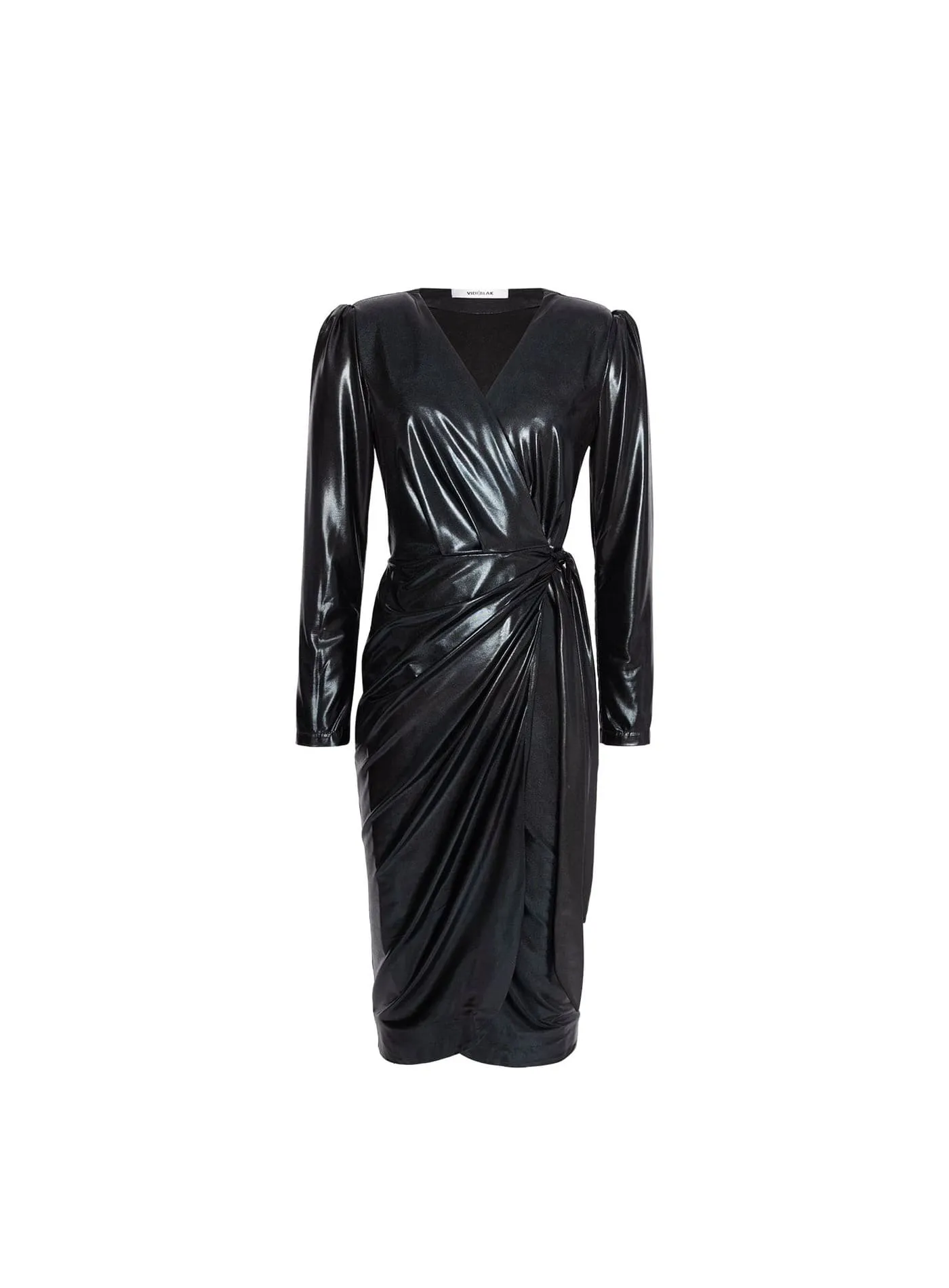 Wrap Dress In Shiny Black Quartz Stretch Vegan Leather